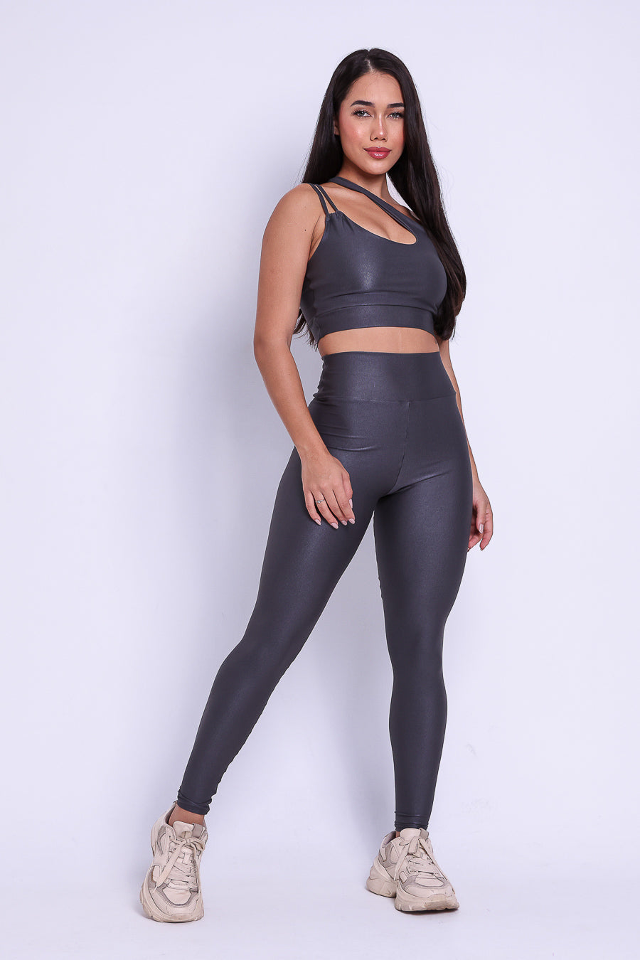 Conjunto Legging + Top Canelado de Compressão Grafite