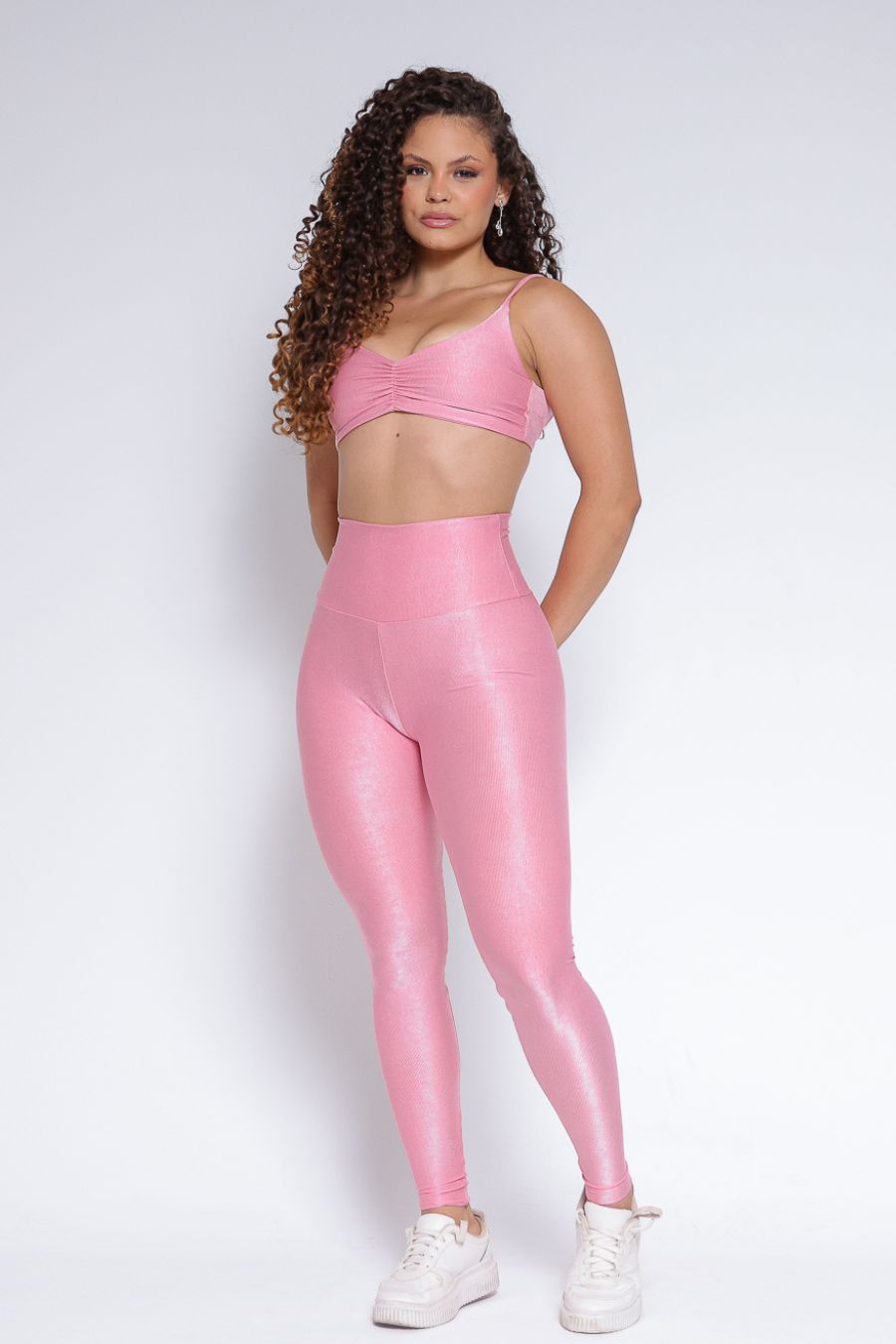 Conjunto Legging + Top Canelado de Compressão Rosa Iris